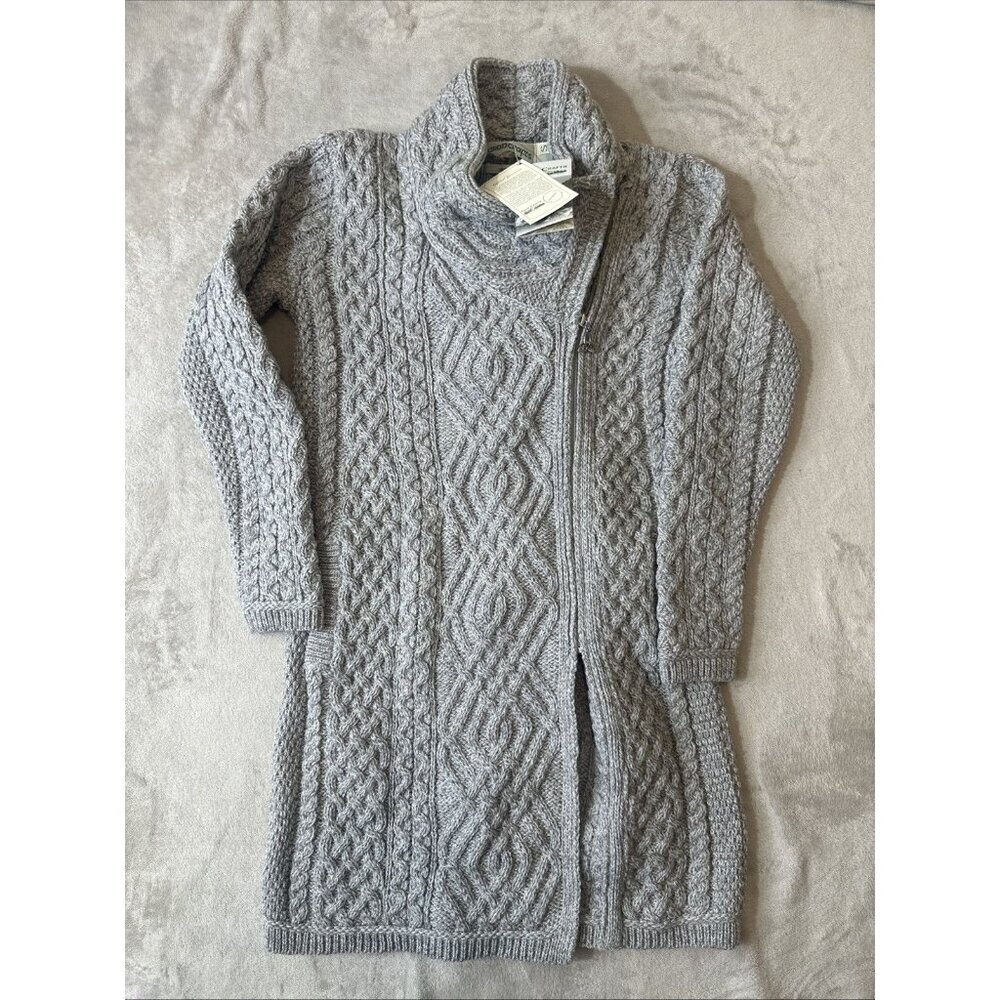 Aran Crafts 100% Merino Wool Cable Knit Side Zip Coat Soft Grey Women’s Small